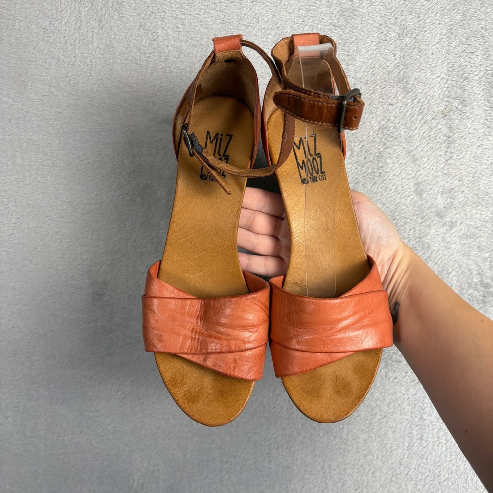 Miz Mooz Sandals Block Heel Size 39 Orange Leather Ankle Strap Boho Summer